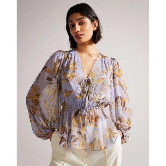 Ted Baker Floral Tie Front Blouse in Lilac Size 3 (US 8) - Picture 1 of 11